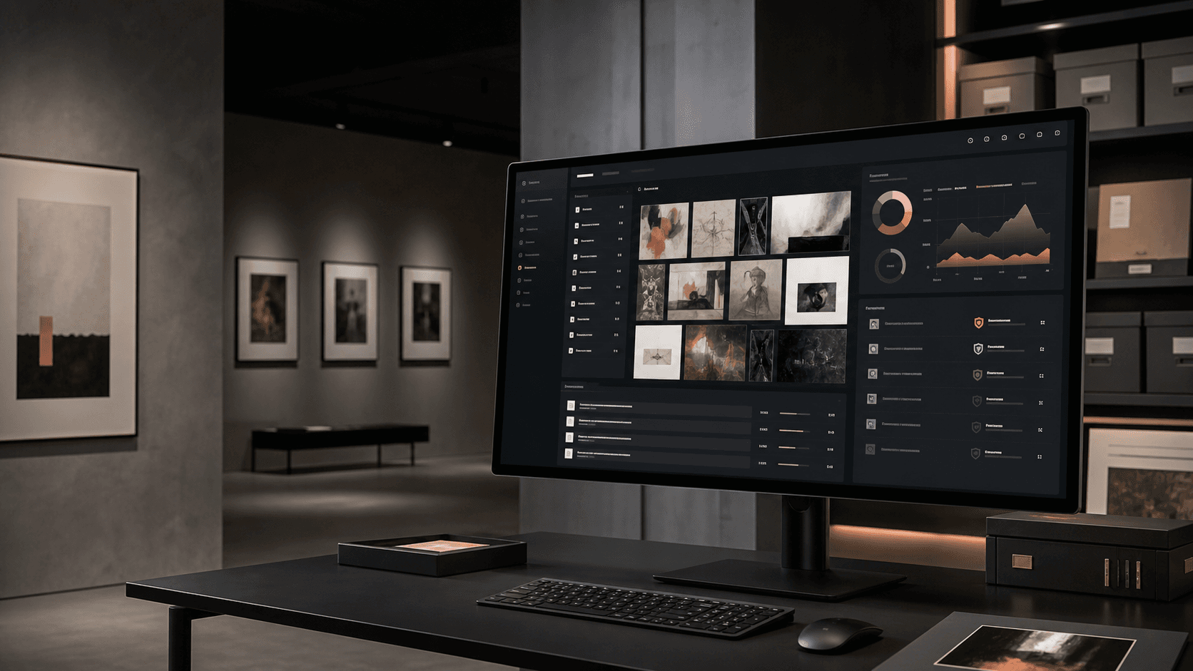 Dark SUPERvault collection management dashboard displayed in a gallery archive